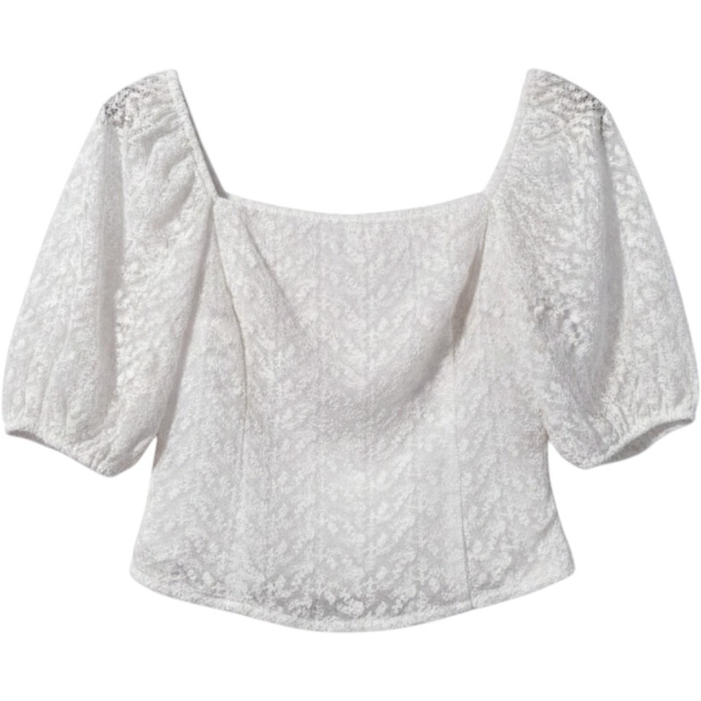Louna Lace Puff Sleeve Top M White Smocked Square Neck Cottagecore